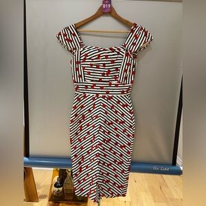 Cherry Stripe Nautical Justine Wiggle Pinup 50s Style Pinup Dress (Size M)